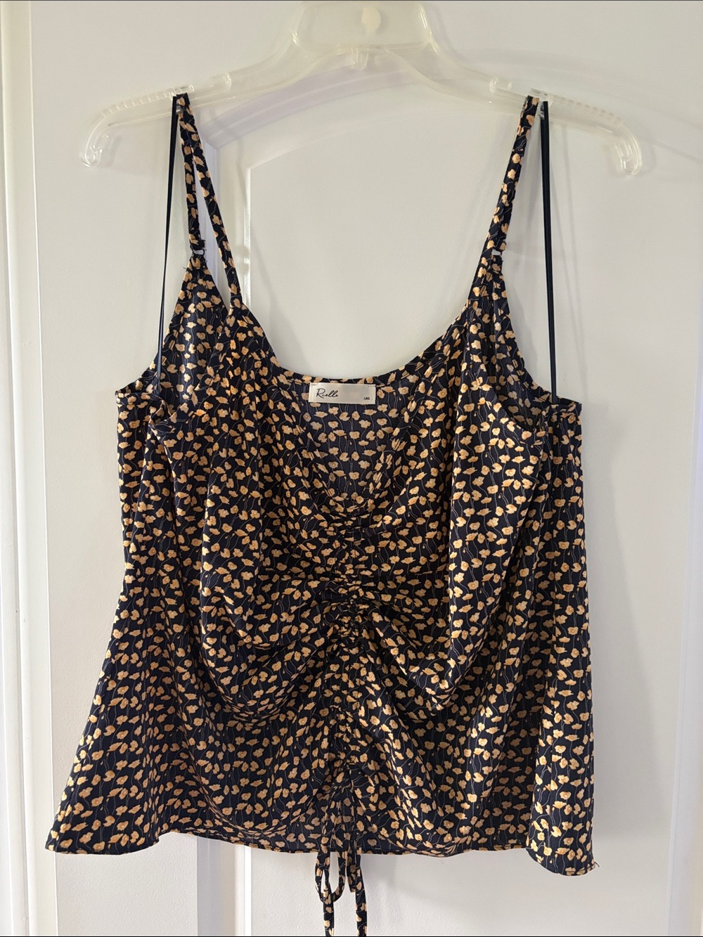 Rielle's Navy and Yellow Leaf Print Drawstring Cowl Neck Tank